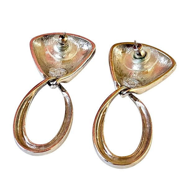 Trifari Vintage Black Enamel Silvertone Dangle Drop Earrings Posts - Picture 9 of 12